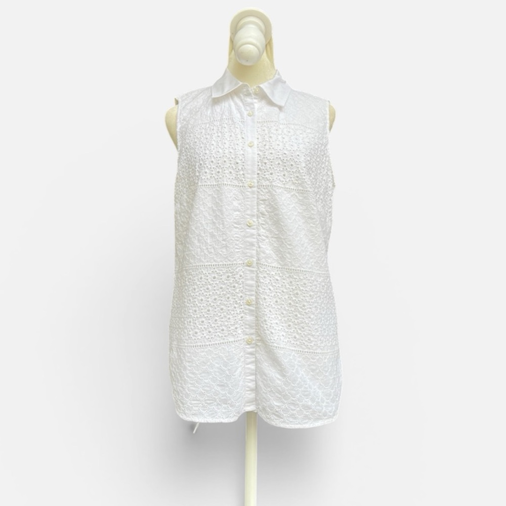 Talbots Sleeveless Button Front All-over Eyelet Blouse in White Sz 8